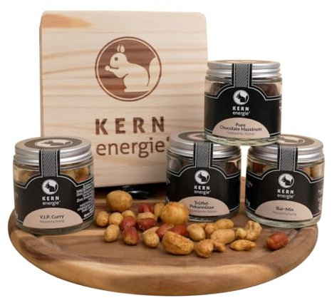 KERNenergie edles Geschenkset | 4 Nussmischungen in praktischen Schraubgläsern - würzig, salzig & süß ideal zum Verschenken | Geschenkverpackung Holzbox