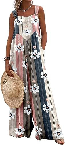 PADOLA Women's Summer Jumpsuit Flowers Printed Dungarees Elegant Loose Wide Leg Pants Bohemian Style Overalls Playsuits for Women UK(1White Flowers,XL)