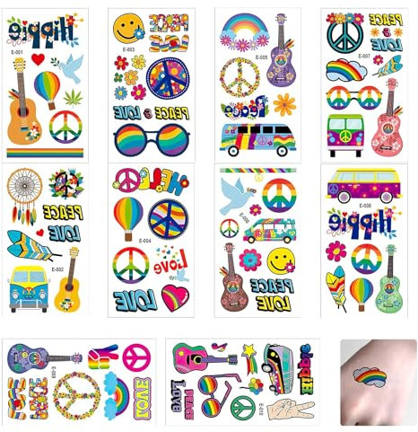 10 Blatt Hippie Tattoos Temporär, Hippie Accessoires, Bunte Aufkleber mit Flower Power, Liebe und Frieden Symbolen für Erwachsene und Kinder, Ideal für Hippie-Partys, Geburtstage und mehr
