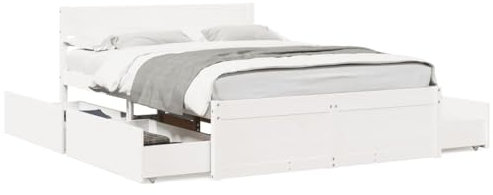 vidaXL Massivholzbett, Holzbett Bett mit Schubladen Kopfteil, Bettgestell Bettrahmen mit Lattenrost, Doppelbett für Schlafzimmer, Weiß 120x200cm Kiefer
