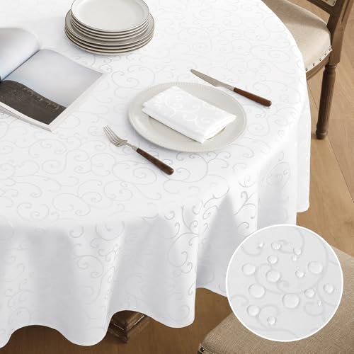Romanstile Tischdecke rund 180 cm abwaschbar Weiss Damast Jacquard,schmutzabweisend wasserabweisend,Tischtuch Tafeldecke Tischwäsche Table Cloth für Weihnachten,Silvester,Neujahr,Konferenz,Messe
