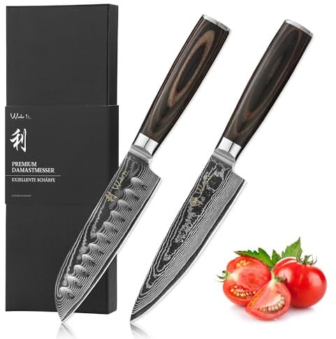 Wakoli EDIB Essentials 2er Damastmesser-Set - 12cm & 13cm Klingen aus 67 Lagen Damaststahl - Holzgriff - Inklusive Geschenkbox & Fingerschutz - Premium Chef- und Santokumesser