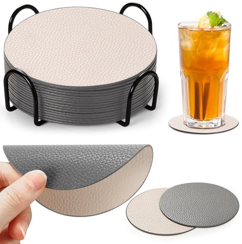 Cokaca Lot de 12 Dessous de Verre Double Face Antidérapants avec Support, Set de Coaster Cuir Isole et protège Les Meubles - Aspect Cuir synthétique - Rond, Gris Blanc