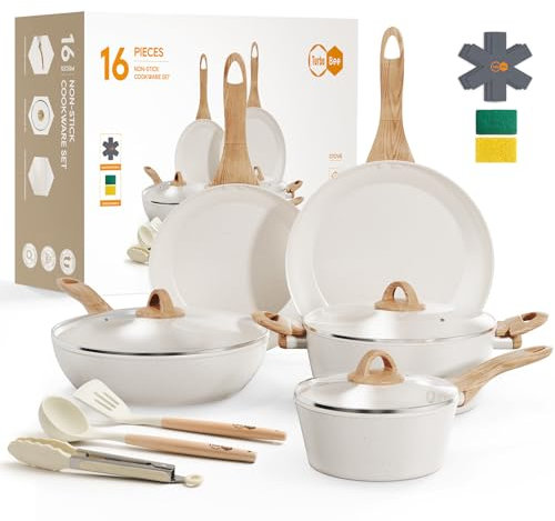 Ensemble de casseroles et poêles antiadhésives, 16 pièces, batterie de cuisine à induction blanche avec poêles, casseroles, sauteuse, cocotte extra large