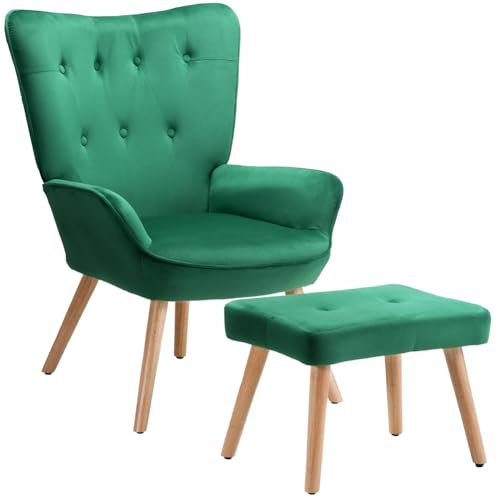 BAKAJI Sessel mit Hocker, Sessel mit Pouf, Fußstütze für Wohnzimmer, gepolsterter Schlafzimmerstuhl mit weichem Samtbezug, hohe Armlehnen, modernes Design (Grün)