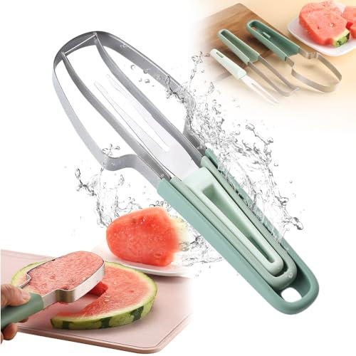 Coupe Pastèque 3 en 1, Couteau à Pastèque Découpe Pastèque en Acier Inoxydable, Pastèque Tranche, Coupe Pasteque, Coupeur de Fruits pour Pastèque, Melon, Papaye, Fruit du Dragon (Vert)