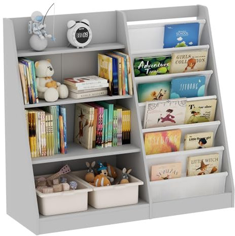 KEEPREAPER Kinderregal mit 7 Ablage und 4 offenen Fächern, Bücherregal für Kinder, Spielzeug-Organizer, 110x40x100cm (Grau-Großformat)