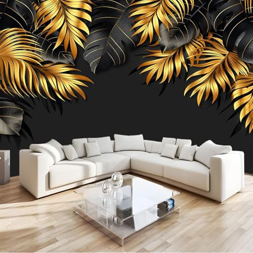 3D Panoramique Murale Feuilles Or Noir Feuilles De Palmier 300x210 cm Papier Peint Intissé pour Salon Chambre Enfant Chambre Décoration Murale Poster Tableaux Photo Muraux