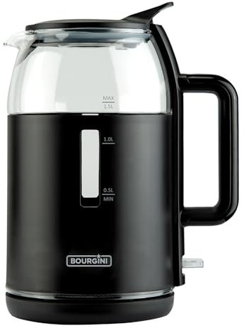 Bourgini Wasserkocher - Matt Schwarz Glass Kessel - Kabellos verwendbar - Einfaches Befüllen durch den Deckel - Geräumiges 1,5L Fassungsvermögen - BPA-frei