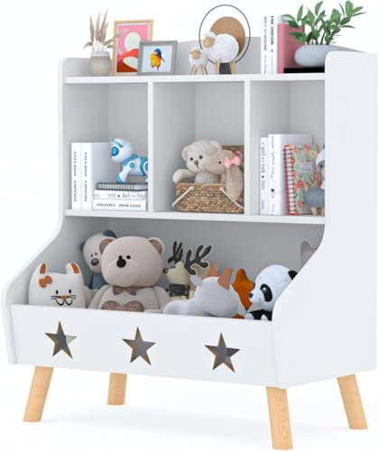 Kids Bookshelf and Toy Storage Organiser, Kids Bookcase with 3 Compartments, Kids Toy Storage Cabinet, Children's Bookcase Organizer Holder, for Bedroom, Kids Room, Playroom, Nursery (White)
