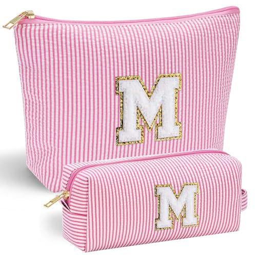 Parima Kosmetiktasche Mädchen - 2 Stück Rosa Kosmetiktasche Personalisierte Geschenke für Frauen Freundin Mama Geschenk Schwester Geschenk Teenager Mädchen Geschenke Make up Tasche Buchstaben M