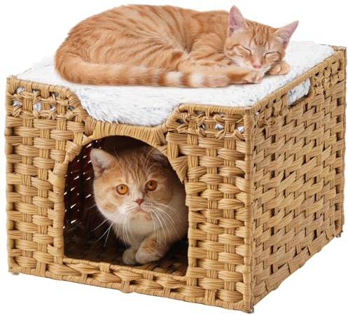 SETVSON Katzenbetten für den Innenbereich, handgewebte Rattan-Katzenhöhle, Haustierwürfel, große Katzenhäuser, eine Bettmatte, faltbar, Versteck 41,9 x 41,5 x 33,2 cm, 2 S-förmige Haken im Wohnzimmer,