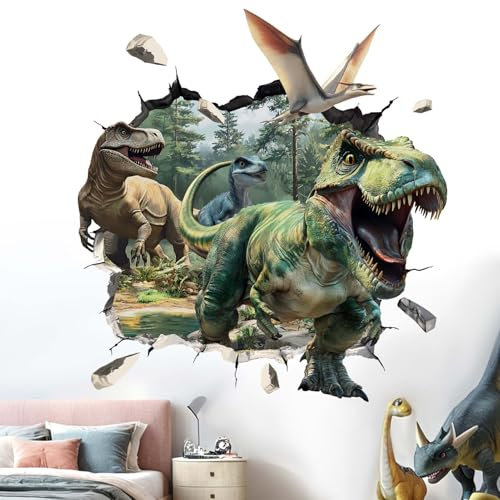 Amimagen 3D Dinosaurier Wandaufkleber - Tropische Palme Blatt Dino Wandaufkleber - Kinderzimmer Baby Jungen Zimmer Kindertagesstätte Spielzimmer Klassenzimmer Wanddekoration
