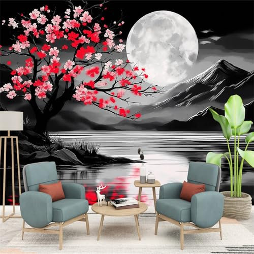 Vlies Fototapete Kirschblüte Berge Mond Fototapete Schlafzimmer Wohnzimmer Dunkelgrau Rosa Vliestapete Wandtapete Fototapeten Bildtapete 3d Effekt Wand Dekoration 300 x 210 cm