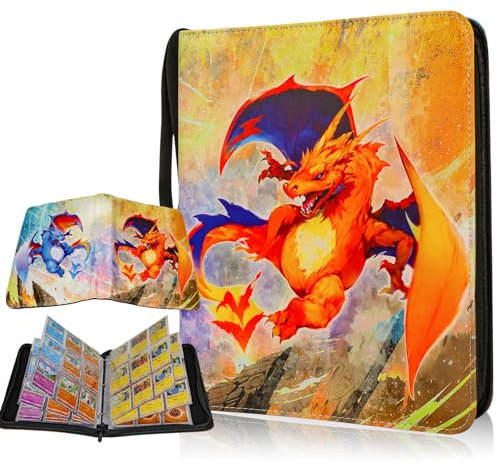REDORELA Trading-Card-Binder 900 Pockets for Pokemon-TCG-Binder Collectible with Waterproof Cover and Secure Zipper for Sports & Game Cards (Battle Blue and Orange Dragon 900 Slots)