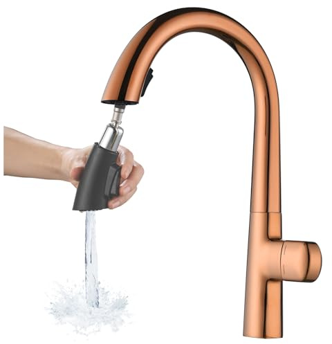 Flexible Robinet Cuisine Or Rose, Mitigeur Cuisine Avec Douchette, Rotation à 360°, Arc Haut, 2 Modes De PulvéRisation, Robinet Evier De Cuisine En Laiton