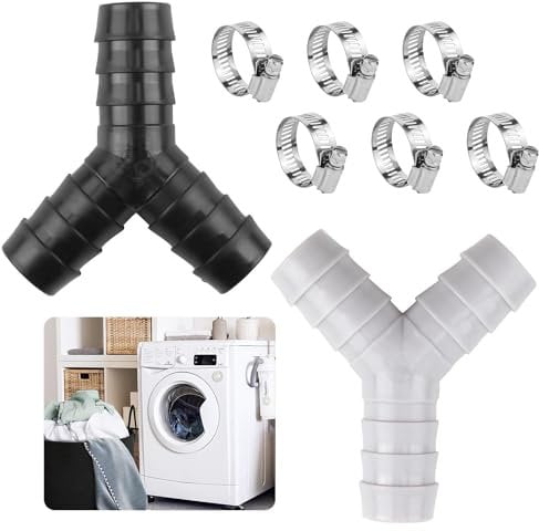 2-Way Y Splitter Dual connection for washing machines and dishwashers. Includes 3 hose clamps. Compatible with 16-27mm diameter dishwasher drain hoses. Ideal for efficient waste pipe splitting.