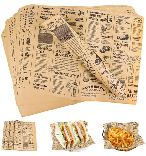 100 Blätter Backpapier Zeitungsoptik - 25x25 cm Backpapier Wiederverwendbar Zuschnitte Burger Papier Ölbeständiges Käsepapier Butterbrotpapier Sicheres Deli Wrap Papier für Sandwiches, Pommes, Brot