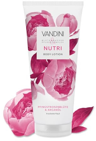 VANDINI NUTRI Body Lotion Damen 200 ml mit Pfingstrosenblüte & Arganöl - Body Lotion für trockene Haut - vegan, ohne Parabene & Silikone, dermatologisch bestätigt, Made in Germany