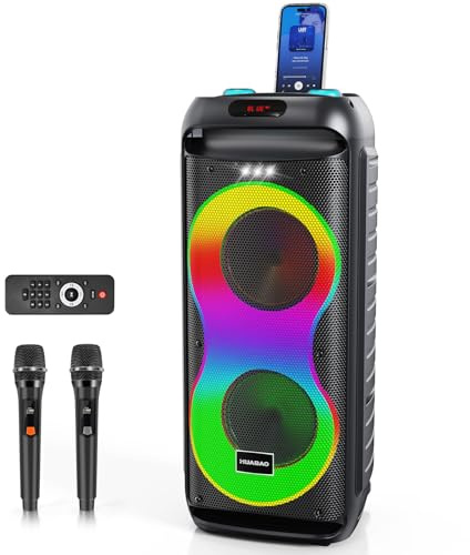 HUABAO Bluetooth Karaoke Speaker with 2 Wireless Microphones – 40W Portable PA System with LED Lights, TWS Pairing, 6.5” Dual Woofers, Rolling Wheels, Rechargeable Battery - for Party/Home/Outdoor