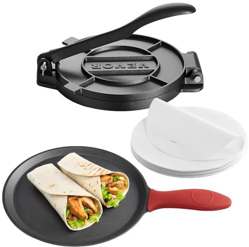 VEVOR Tortilla Press, 10 Inch Cast Iron Tortilla and Roti Maker, Heavy Duty Tortilladora Press, Pataconera Makers with Handle and 100 Pcs Parchment Paper, Dough Taco Press for Flour Tortilla, Tawa