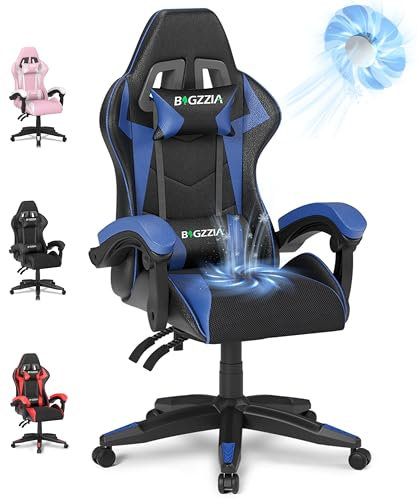 bigzzia Gaming Stuhl Mit Lüfter, Atmungsaktiver Gaming Chair mit Lendenkissen und Kopfstütze, Gamer Stuhl Höhenverstellbar Mit Sitzbelüftung, Pc Stuhl für Erwachsene Mädchen Junge Blau