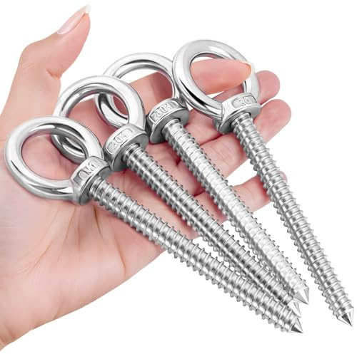 Verazquy 4 Pcs Heavy Duty Eye Hooks Screw, Eye Bolt M10 304 Stainless Steel Self-Tapping Screw – Eyelet Lift Thread Load Capacity for Hammock Hanging Carabiner Kit Swing Chair Yoga Indoor Outdoor Use