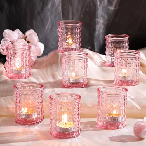 LETINE 12 Stück Rosa Teelichtgläser, Glas Kerzenhalter, 6,7 X 5,5 cm | Langlebig und Hochwertige Teelichthalter, kerzengläser Geeignet für Partys, Festivals, Hochzeiten, Heimdekoration