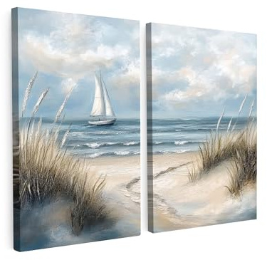 MuchoWow© Leinwand 2 Teilig Deko Schlafzimmer Aesthetic Mehrteilige | 80x60 cm - Wandbilder Gemälde Foto Living Room Decoration Wandbild-set Strand - Farbe - Natur - Boot