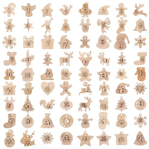 HOODANCOS 72pcs Wooden Christmas Countdown Numbers Hanging Pendants for Advent Calendar DIY Xmas Tree Decorations Family Countdown Calendar Blocks