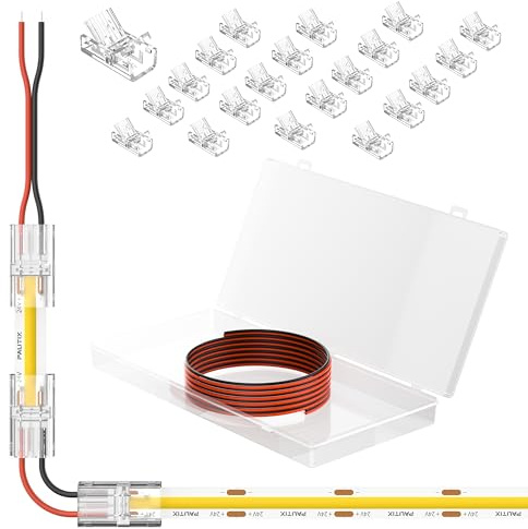 PAUTIX COB LED Streifen Steckverbinder für 8mm 2-Pin,20Stück Wiederverwendbare Streifen zu Kabel Verbinder,3M 22AWG Verlängerungs Kabel für Nahtlose Lötfreie Installation für 5V 12V 24V 2835 LED Strip