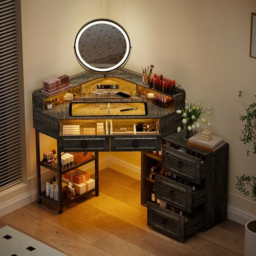 Lvifur Corner Dressing Table - With Rotating Mirror and Lights,Vanity Desk with Human Body Senor&Charging Station,Vanity Table Set with 5 Drawers and Shelves for Bedroom and Cloakroom,Brown
