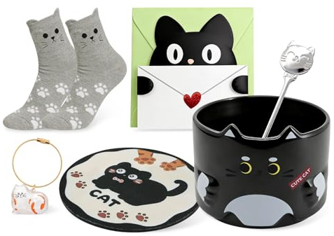 Qinhai Cute Cat Mug Set, Stackable Coffee Cup | Cat Lovers Gifts for Women Men Mum Her Girl Boy Teacher Friend, Christmas Valentines Mothers Day Easter Presents Idea