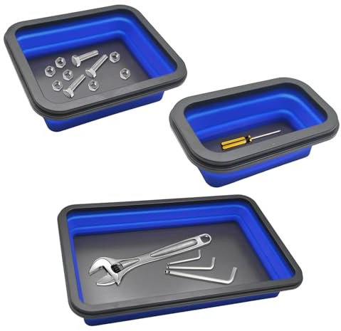 3 Piezas Bandeja Magnética de Silicona, de Fijación Magnética, Organizador de Tornillos y Herramientas Taller Mecánico, Plegable con Fuerte Imán, Hecha para Tornillos, Tuercas y Piezas Pequeñas, Azul