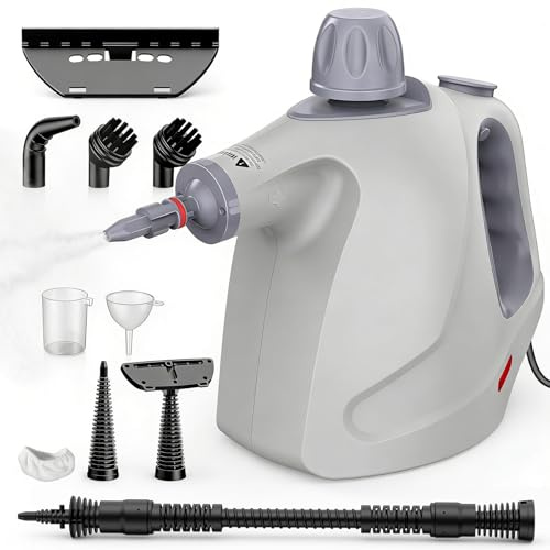 Nettoyeur Vapeur Portable - 10 Accessoires, 3,2 Bar & 450ML 1050W, Verrou de Sécurité/Fonctionnement Continu, Graisse & Saleté Nettoyant Vapeur - Steam Cleaner for Home Canapé, Sol, Vitre (Gris)