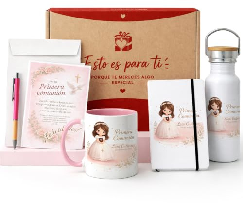 Kembilove® Pack Primera Comunión Niña Personalizado con Nombre y Fecha – Kit Completo con Taza, Libreta, Botella, Caja, Tarjeta y Bolígrafo – Regalo Original y Recuerdo