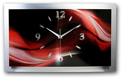 Kreative Feder 3D Designer-Wanduhr Red & Black in modernem Metallic-Design; leise Funkuhr mit glänzendem Motiv wahlweise in Zwei Größen (Red & Black, 50x30cm; leises Funkuhrwerk)