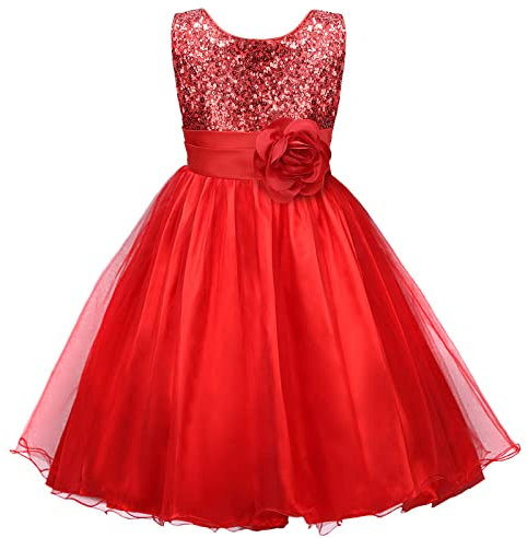 Discoball Girls Princess Dress for Christmas Sequin Tulle Flower Pageant Birthday Party Wedding Bridesmaid Girl Dresses for 3-12 Years Red