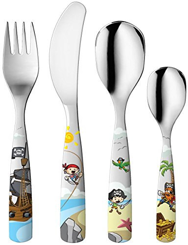 Gnali & Zani Piraten Kinder Besteck Set 4-teilig | je 1x Messer, Gabel, Ess- und Teelöffel | Rostfreier Edelstahl | Spülmaschinenfest | Kinderbesteck ab 3 Jahre in hochwertiger Geschenkbox