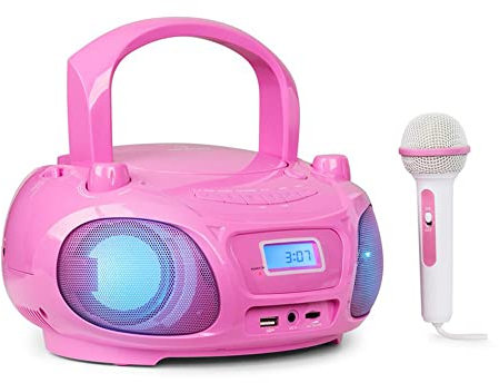 Auna Tragbarer Radio für Kinder mit CD Player, Mikrofon und USB, 3 W Boombox mit Bluetooth Funktion, AUX/FM Radio Tragbar mit LED-Display, MP3, 5.0 Streaming, CD-Radio mit für Mädchen und Jungen