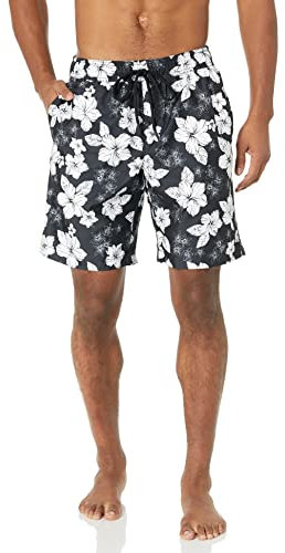 Amazon Essentials Shorts da Bagno da 23cm con Fodera Interna in Rete, Tasche, Chiusura con Coulisse Uomo, Nero Fiori di Ibisco, XXL