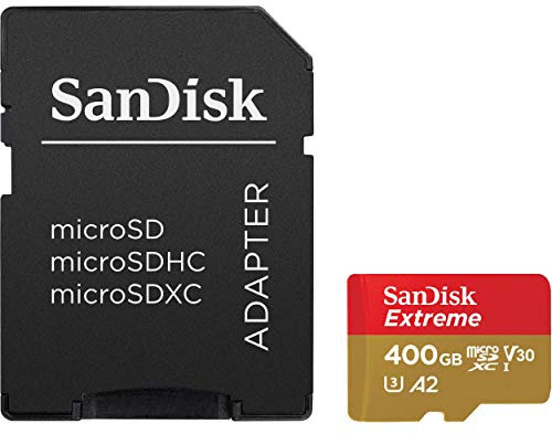 SanDisk Extreme 400 GB microSDXC Memory Card + SD Adapter with A2 App Performance + Rescue Pro Deluxe, Up to 160 MB/s, Class 10, UHS-I, U3, V30, Red/Gold