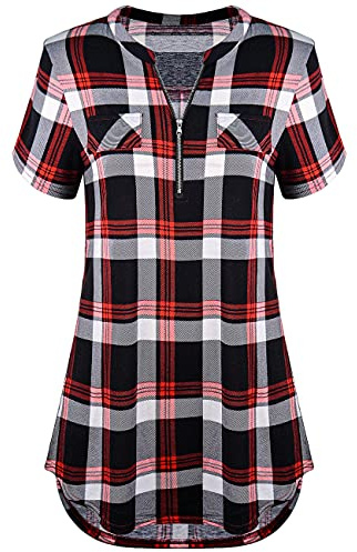 Odosalii Chemisier Femme Carreaux Demi Manches Blouse T-Shirt Casual Top Éclair Col V Chemise