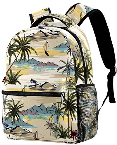 LORVIES Vintage Inselmuster Palmen Strand Ozean Landschaft Casual Rucksack Schulterrucksack Büchertasche für Schule Studenten Reisetaschen