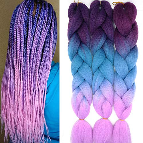 60cm Braiding Hair Extensions Ombre Jumbo Braids Kunsthaar 3 Stücke 24 Haar Flechten Extensions Crochet Twist Box Colorful Synthetik Haar Zöpfe, Lila&See Blau&Helllila