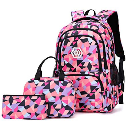 Geometric-Print Backpack and Lunch-Bag Set for Girls-Boys Middle-School Elementary Bookbags