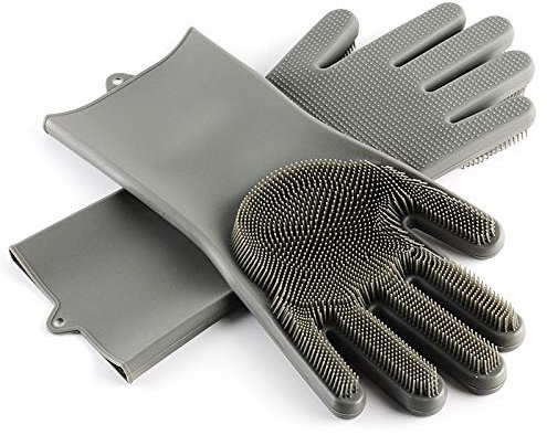 PRECIOUS LONDON Magic Silicone Dishwashing Reusable Gloves with Wash Bristles Scrubber Heat Resistant and Waterproof Gloves for Cleaning, Household, Kitchen and Pet Care x 1 Pair (Grey)