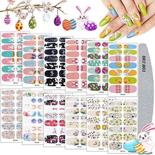 12Pcs Easter Nail Polish Stickers with Nail File, Kalolary Nail Polish Stickers Full Wraps Self-Adhesive Glitter Nail Art Decals Strips Manicure Art Designs for Women Girls Kids Easter Nail DIY