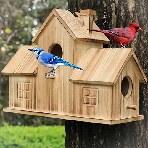 Nichoir à oiseaux d'extérieur à 3 trous pour 3 familles d'oiseaux en plein air, pour merles bleus, pinsons, cardinaux, nichoir en bois à suspendre dans le jardin