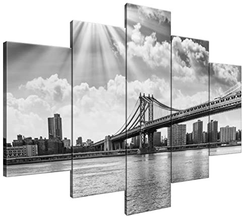 Estika Leinwand bilder - Brooklyn-Brücke Schwarz und Weiß - 150x105 cm, 5 teilige kunstdruck - Wandbilder wohnzimmer, schlafzimmer, Moderne wanddeko, Bild auf leinwand - New York bilder - 1285A_5H